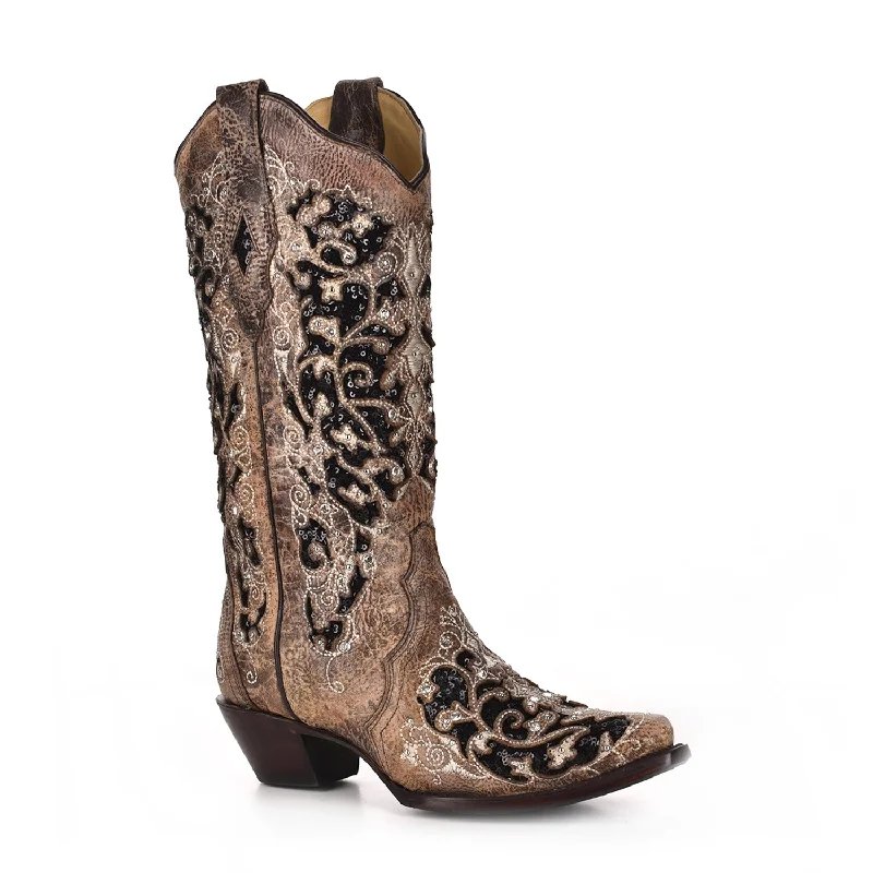 women's cowboy boots for winterCorral Womens A3569 Brown Leather 12in Crystal Black Glitter Fashion Boots women's cowboy boots for winterCorral Womens A3569 Brown Leather 12in Crystal Black Glitter Fashion Boots