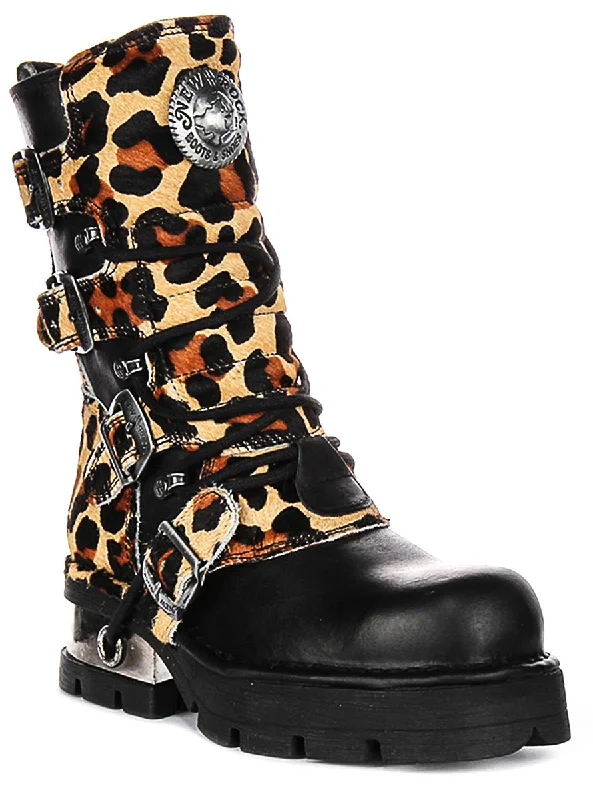 women's ankle boots with square toeNewrock 591 Planning Heel In Leopard Leather