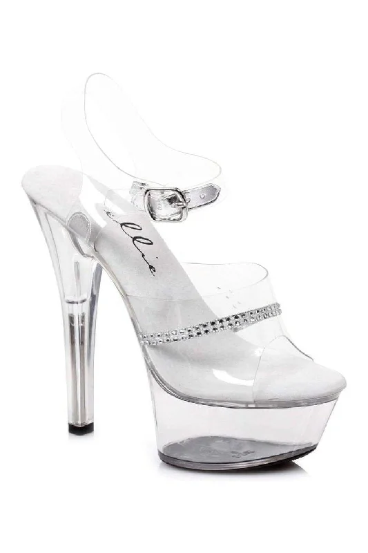 Women's Beaded Heeled Sandals with Strappy Design in White for a Romantic and Feminine Wedding Guest Outfit 601-JEWEL Platform Sandal  | Clear Vinyl