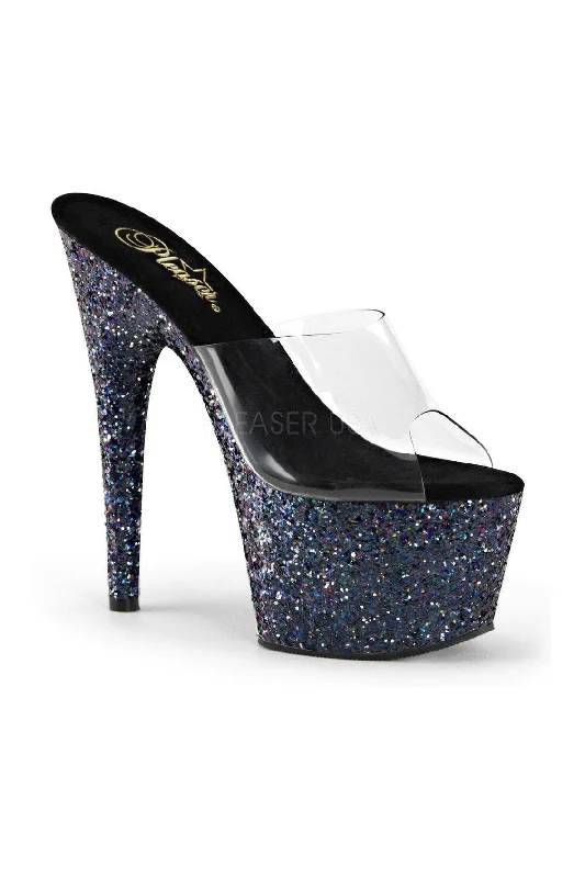 Women's Beaded Heeled Sandals with Strappy Design in White for a Romantic and Feminine Wedding Guest Outfit ADORE-701LG Platform Slide  | Black Vinyl