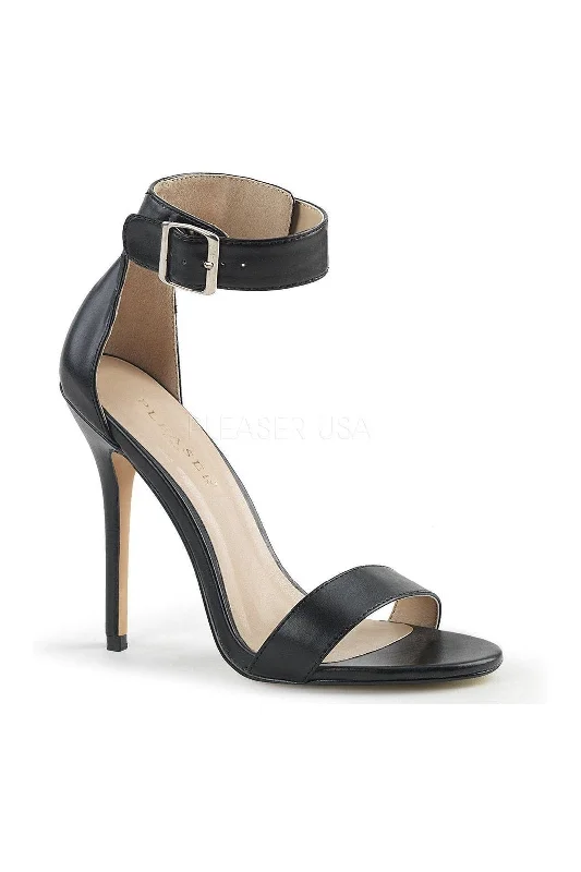 Plus Size Women's Chunky Heeled Sandals with T - Strap in Olive Green for a Practical and Fashionable Option AMUSE-10 Sandal  | Black Faux Leather