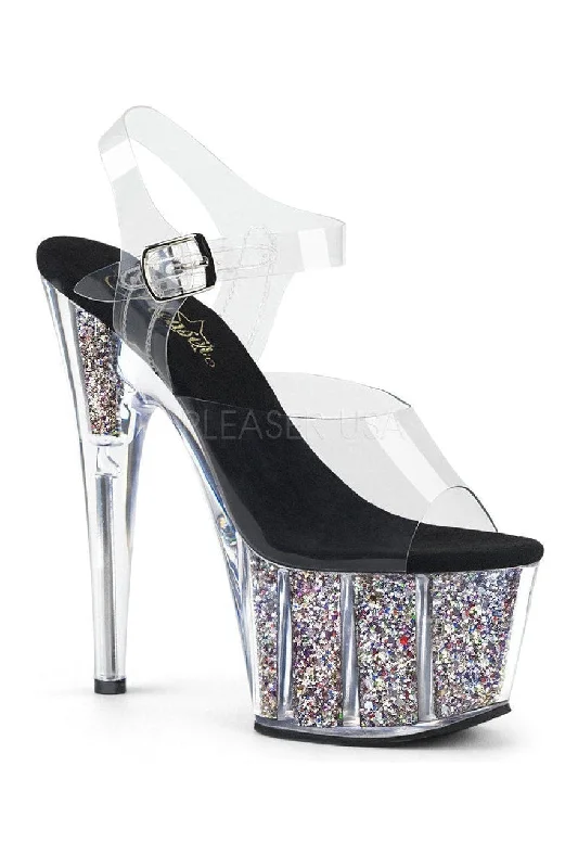 Women's Beaded Heeled Sandals with Strappy Design in White for a Romantic and Feminine Wedding Guest Outfit ADORE-708CG Platform Sandals | Clear Vinyl