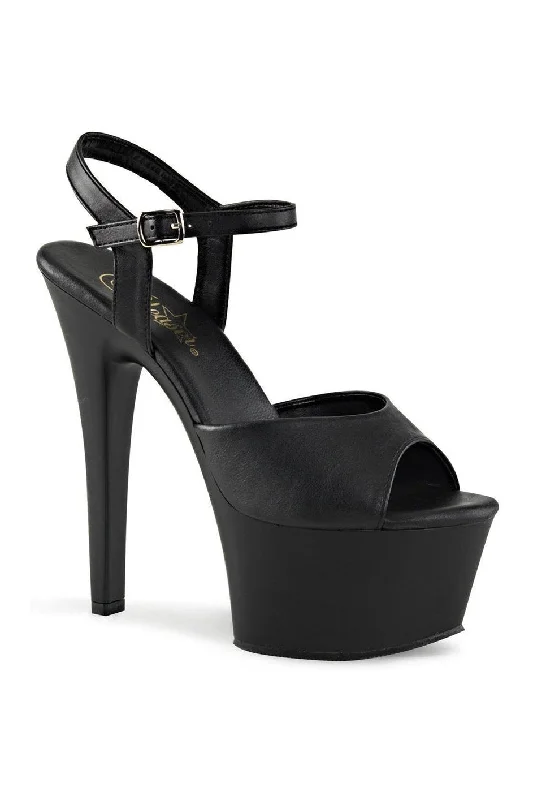 Women's Beaded Heeled Sandals with Strappy Design in White for a Romantic and Feminine Wedding Guest Outfit ASPIRE-609 Platform Sandal  | Black Faux Leather
