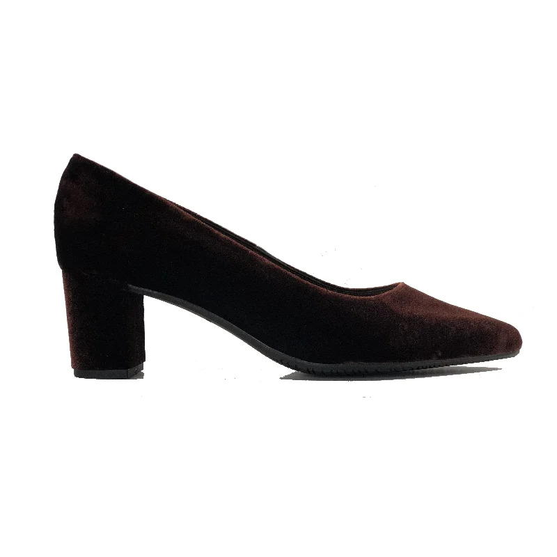 Women's forest green stiletto heel pumps for a nature - inspired look 'Joy' vegan mid heel by Zette Shoes - chocolate velvet Women's forest green stiletto heel pumps for a nature - inspired look 'Joy' vegan mid heel by Zette Shoes - chocolate velvet