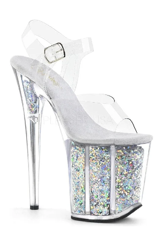 Women's Snake Print Heeled Sandals with Platform and Open Toe in Black and Gold for a Sexy and Trendy Vibe FLAMINGO-808GF Platform Sandal | Clear Vinyl