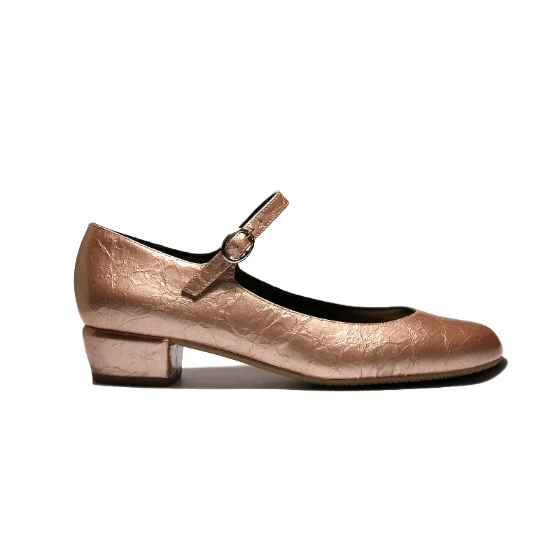 Women's red - carpet stiletto heel pumps for a glamorous event 'Gracie' Mary-Jane vegan leather low-heels by Zette Shoes - textured rose gold Women's red - carpet stiletto heel pumps for a glamorous event 'Gracie' Mary-Jane vegan leather low-heels by Zette Shoes - textured rose gold