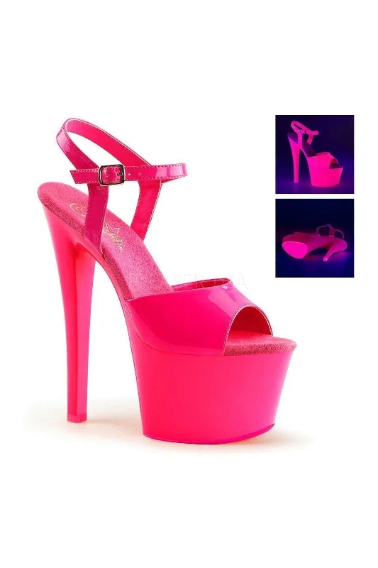 Plus Size Women's Chunky Heeled Sandals with T - Strap in Olive Green for a Practical and Fashionable Option SKY-309UV Platform Sandal  | Fuchsia Patent