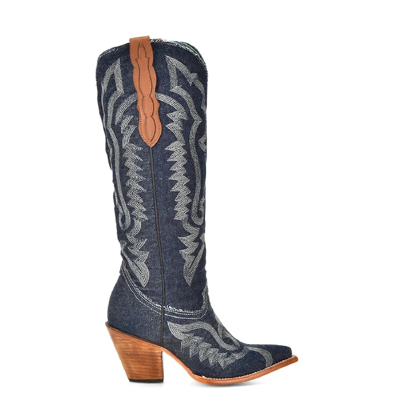 women's cowboy boots in blackCorral Womens Embroidery Tall Top Pointed Denim Textile 16in Cowboy Boots women's cowboy boots in blackCorral Womens Embroidery Tall Top Pointed Denim Textile 16in Cowboy Boots