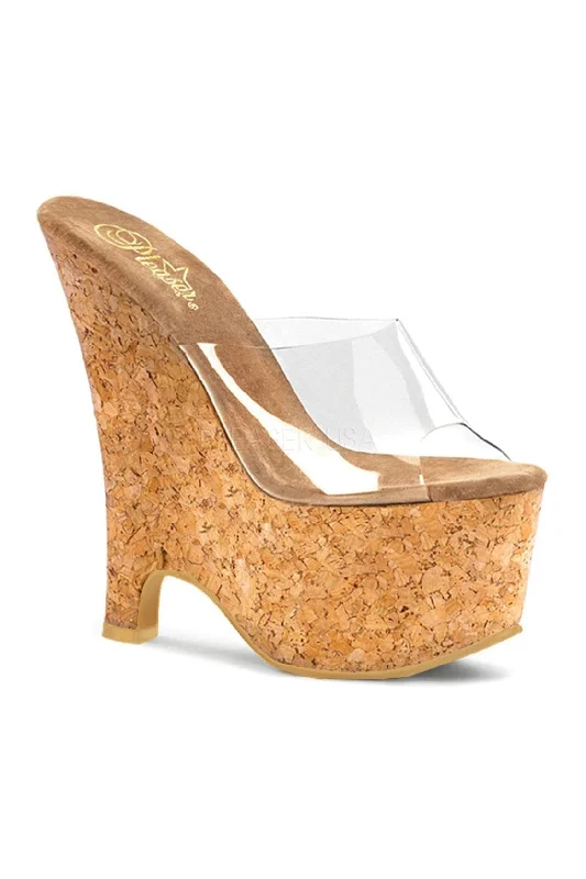 Plus Size Women's Gladiator - Style Heeled Sandals with Multiple Straps in Tan for a Boho - Inspired Ensemble BEAU-601 Platform Slide  | Clear Vinyl