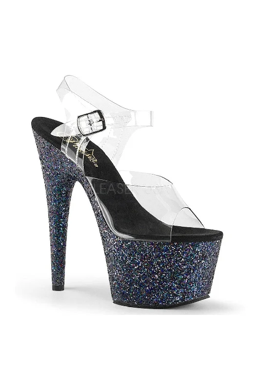 Women's Snake Print Heeled Sandals with Platform and Open Toe in Black and Gold for a Sexy and Trendy Vibe ADORE-708LG Platform Sandal  | Black Vinyl
