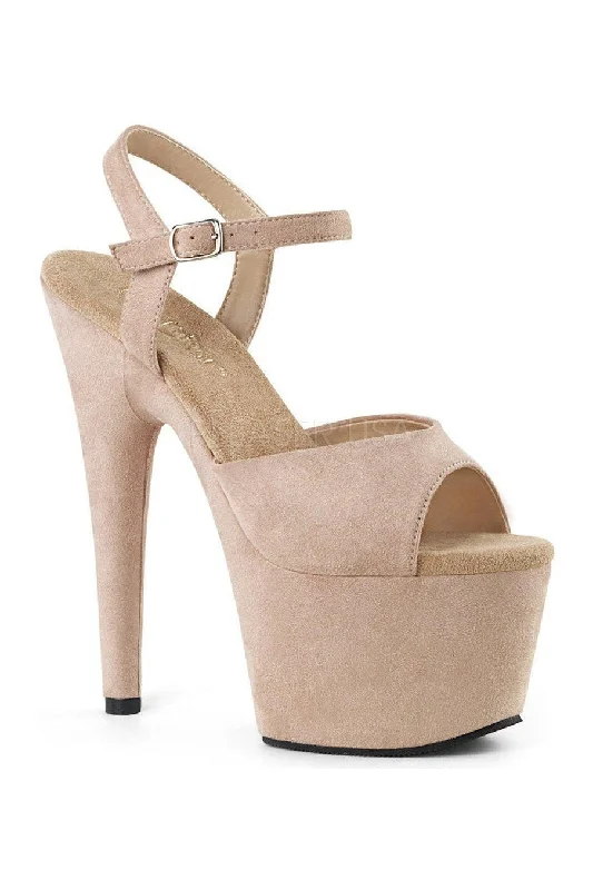 Women's Embroidered Heeled Sandals with Wedge Heel and Open Back in Cream for a Bohemian and Relaxed Summer Outfit ADORE-709FS Platform Sandal  | Beige   Faux Suede
