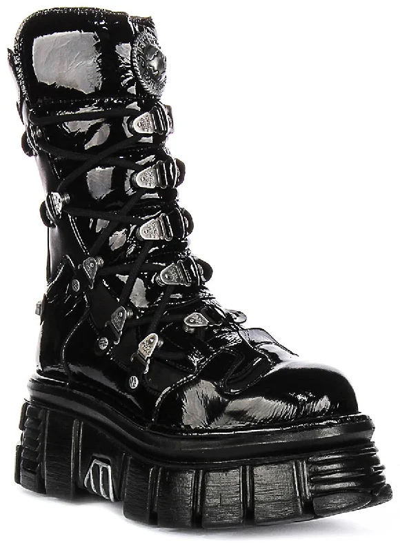 women's ankle boots with round toeNewrock 203 Tower In Black Patent Boots