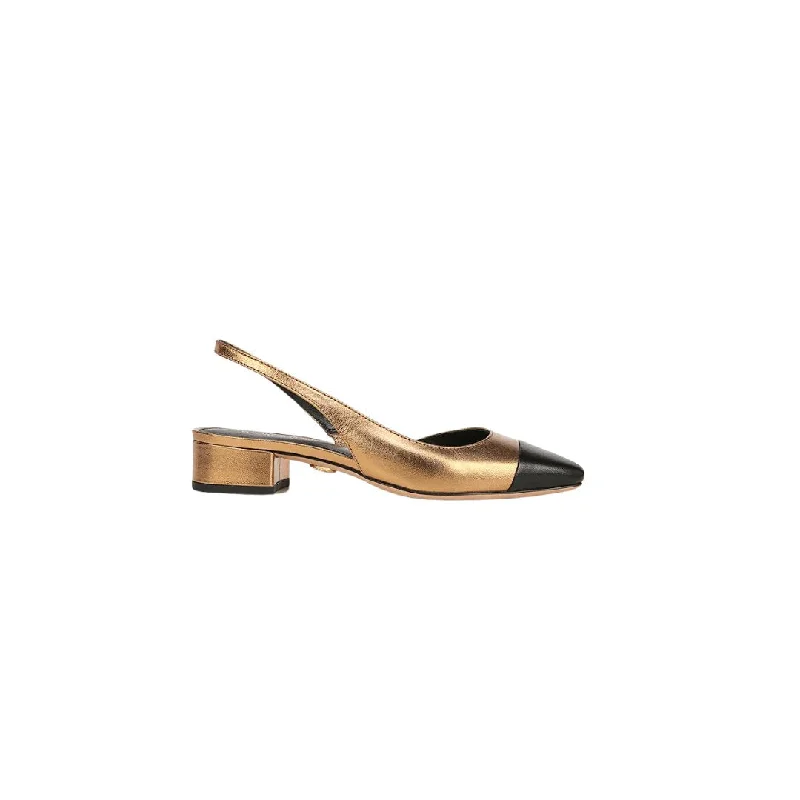 Women's studded stiletto heel pumps for an edgy look Cecile Leather Cap-Toe Slingback Black Gold Women's studded stiletto heel pumps for an edgy look Cecile Leather Cap-Toe Slingback Black Gold