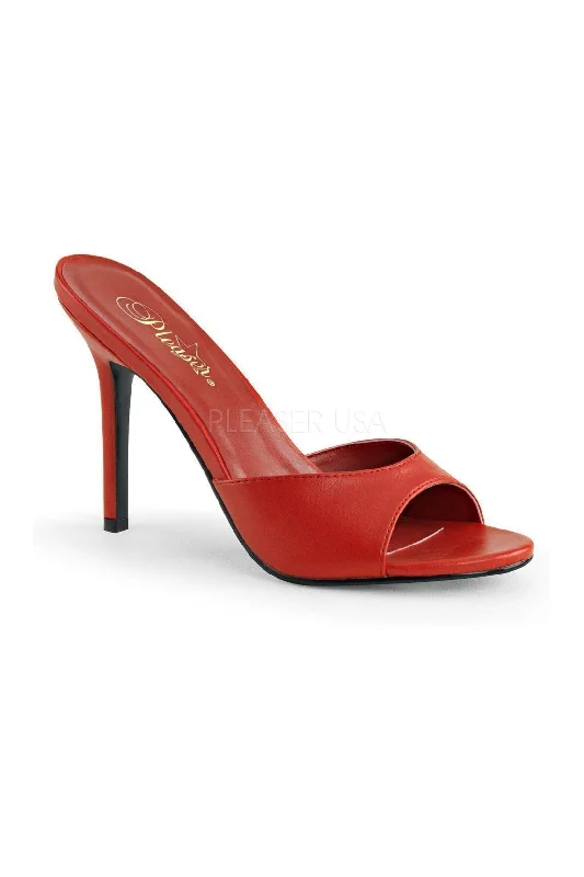 Women's Embroidered Heeled Sandals with Wedge Heel and Open Back in Cream for a Bohemian and Relaxed Summer Outfit CLASSIQUE-01 Slide | Red Faux Leather