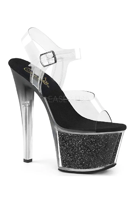 Plus Size Women's Wedge Heeled Sandals with Cork Sole in Beige for Added Comfort and Style SKY-308G-T Platform Sandal  | Black Vinyl