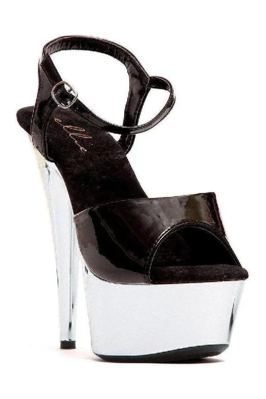 Women's Snake Print Heeled Sandals with Platform and Open Toe in Black and Gold for a Sexy and Trendy Vibe 609-CHROME Platform Sandal  | Black Multi Patent
