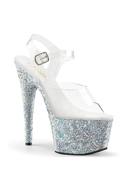 Women's Beaded Heeled Sandals with Strappy Design in White for a Romantic and Feminine Wedding Guest Outfit ADORE-708LG Platform Sandal | Clear Vinyl Women's Beaded Heeled Sandals with Strappy Design in White for a Romantic and Feminine Wedding Guest Outfit ADORE-708LG Platform Sandal | Clear Vinyl