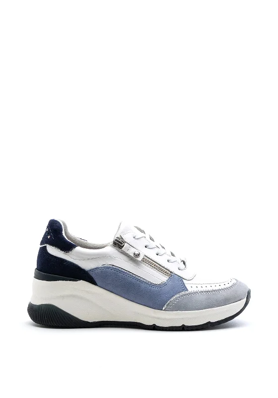 Tamaris Leather Colour Block Zip Wedged Trainers, White & Blue