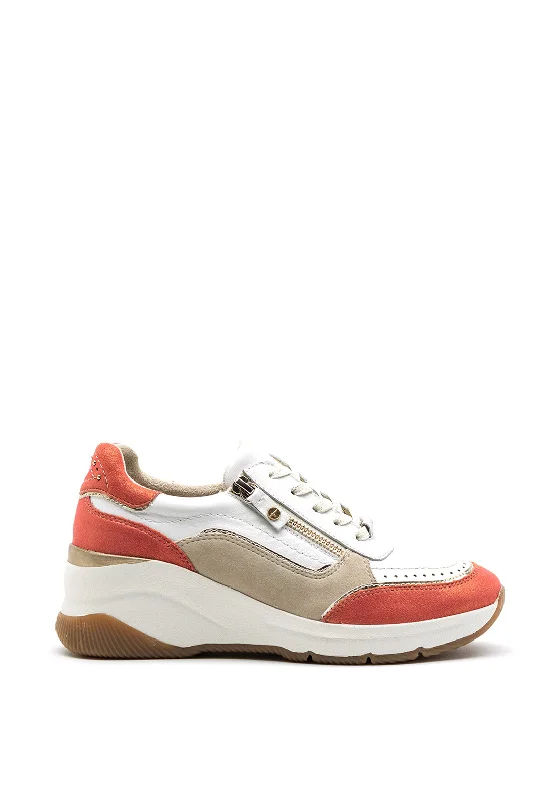 Tamaris Leather Colour Block Zip Wedged Trainers, White & Pink