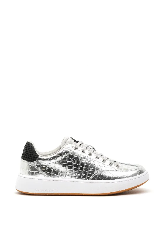 Woden Ydun Croc Print Metallic Trainers, Silver