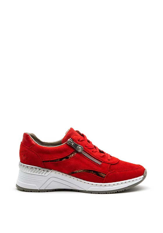 Rieker Womens Retro Red Suede Wedge Trainer, Red