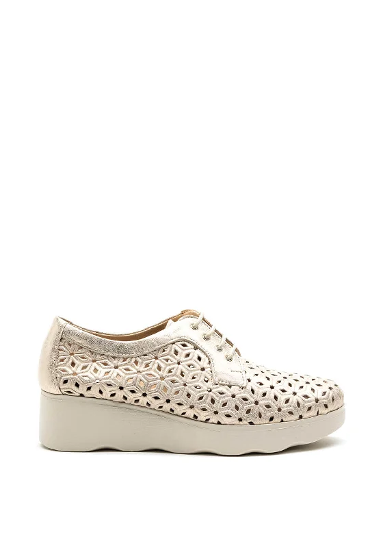 Pitillos Laser Cut Perforated Wedge Shoe, Gold