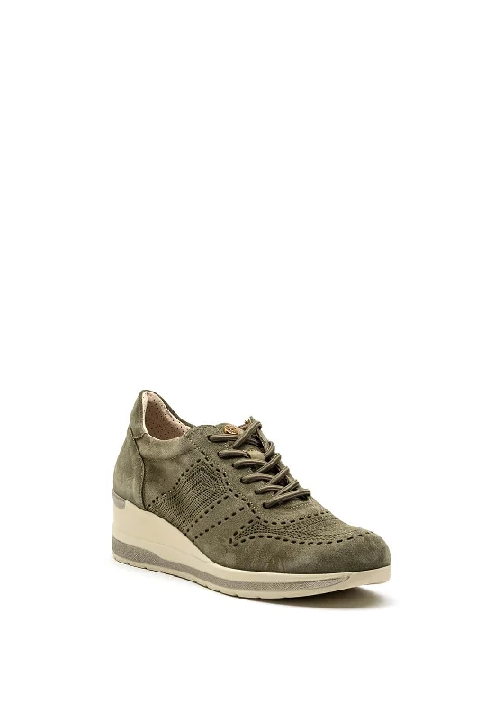 Pitillos Perforated Suede Wedge Trainer, Khaki