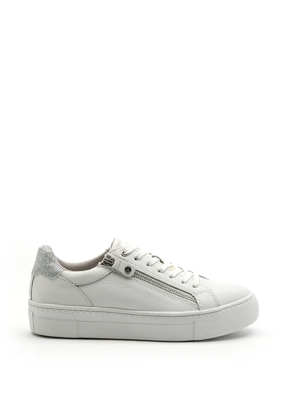 Tamaris Leather Glitter Heel Cover Trainer, White