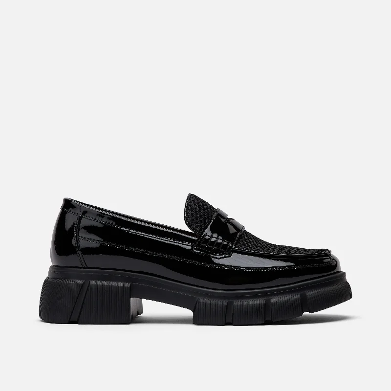 Women's mule - style fashion & dress shoes with a fur - trimmed collar for a winter - chic look Ms. Calum Black Patent Leather Penny Loafers Women's mule - style fashion & dress shoes with a fur - trimmed collar for a winter - chic look Ms. Calum Black Patent Leather Penny Loafers