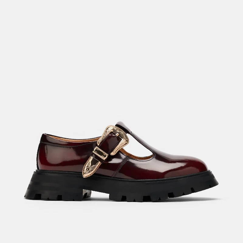Women's ankle - strap fashion & dress shoes with a crystal - embellished buckle for a glamorous touch Charli Wine Patent Leather Lug Mary Janes Women's ankle - strap fashion & dress shoes with a crystal - embellished buckle for a glamorous touch Charli Wine Patent Leather Lug Mary Janes