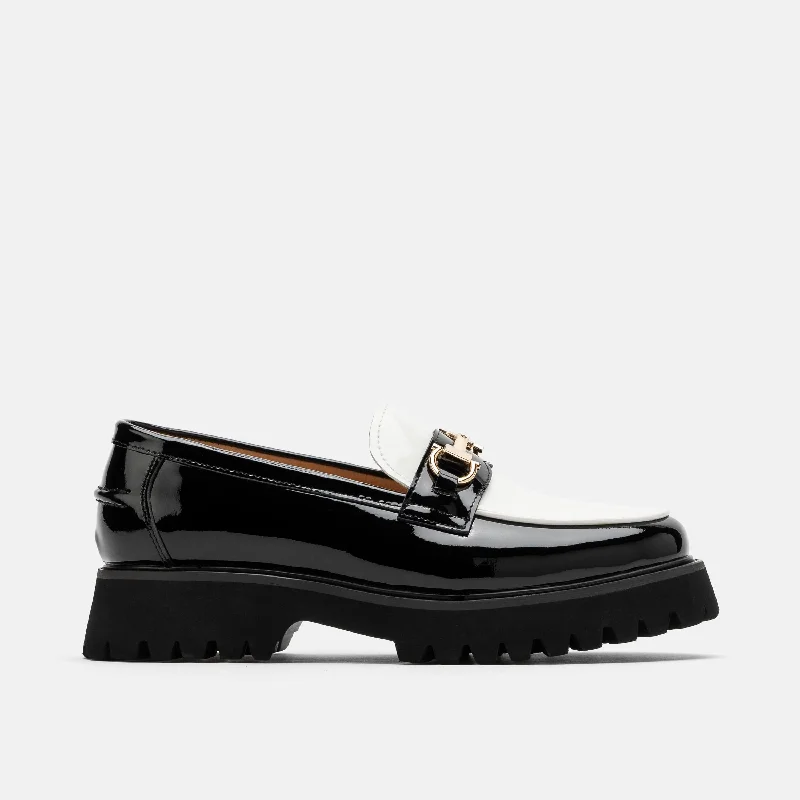 Women's metallic - finish fashion & dress shoes with a stiletto heel for a glamorous night out Ms. Boulevard Black/White Patent Leather Bit Loafers Women's metallic - finish fashion & dress shoes with a stiletto heel for a glamorous night out Ms. Boulevard Black/White Patent Leather Bit Loafers
