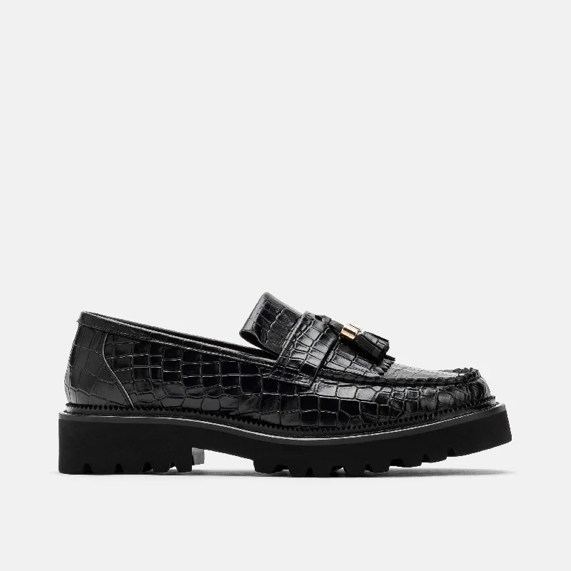 Women's peep - toe fashion & dress shoes with a rhinestone - encrusted vamp for a sparkly look Ms. Journey Black Croc Leather Lug Tassel Loafer Women's peep - toe fashion & dress shoes with a rhinestone - encrusted vamp for a sparkly look Ms. Journey Black Croc Leather Lug Tassel Loafer