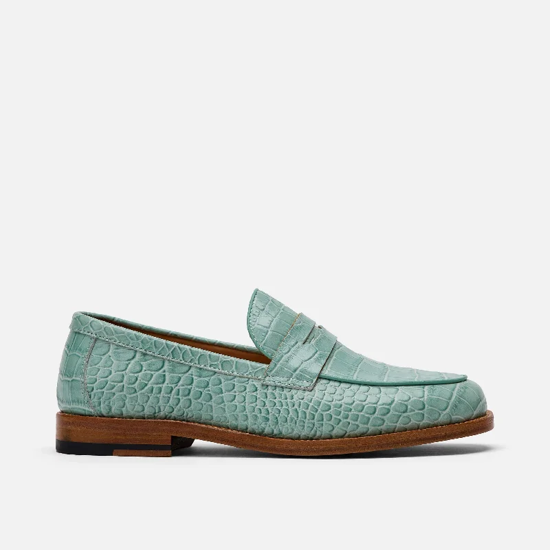 Women's lace - up fashion & dress shoes with a mid - heel and a floral - embroidered shaft for a feminine style Ms. Calum Mint Blue Leather Penny Loafers Women's lace - up fashion & dress shoes with a mid - heel and a floral - embroidered shaft for a feminine style Ms. Calum Mint Blue Leather Penny Loafers