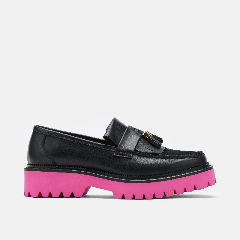 Women's strappy fashion & dress shoes with a multi - colored design for a statement piece Ms. Journey Black/Pink Leather Lug Tassel Loafer Women's strappy fashion & dress shoes with a multi - colored design for a statement piece Ms. Journey Black/Pink Leather Lug Tassel Loafer