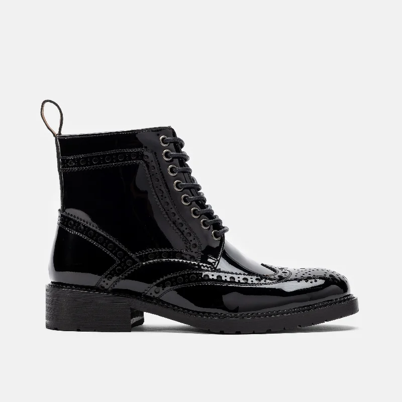 Women's ankle - bootie fashion & dress shoes with a side - zip and a mid - heel for versatility Ms. Belmont Black Patent Leather Wingtip Boots Women's ankle - bootie fashion & dress shoes with a side - zip and a mid - heel for versatility Ms. Belmont Black Patent Leather Wingtip Boots
