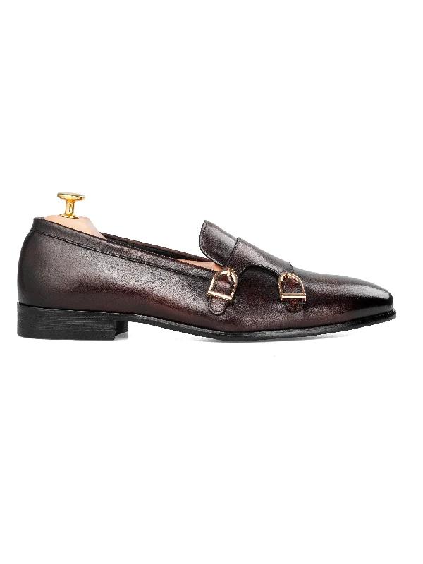 Women's peep - toe fashion & dress shoes with a floral - printed fabric for a feminine touch Alfeo Loafer Slipper - Dark Brown Double Monk Strap (Hand Painted Patina) Women's peep - toe fashion & dress shoes with a floral - printed fabric for a feminine touch Alfeo Loafer Slipper - Dark Brown Double Monk Strap (Hand Painted Patina)