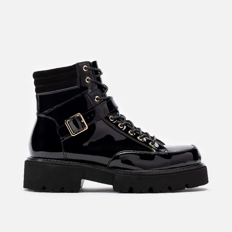 Women's platform - heel fashion & dress shoes with a glittery fabric for a party look Ms. Atlas Black Patent Leather Strap Boots Women's platform - heel fashion & dress shoes with a glittery fabric for a party look Ms. Atlas Black Patent Leather Strap Boots