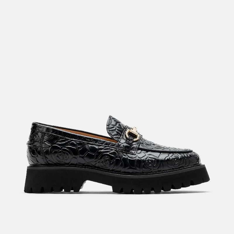Women's wedge - heel fashion & dress shoes with a woven upper for a beach - to - dinner style Ms. Boulevard Black Floral Leather Bit Loafers Women's wedge - heel fashion & dress shoes with a woven upper for a beach - to - dinner style Ms. Boulevard Black Floral Leather Bit Loafers