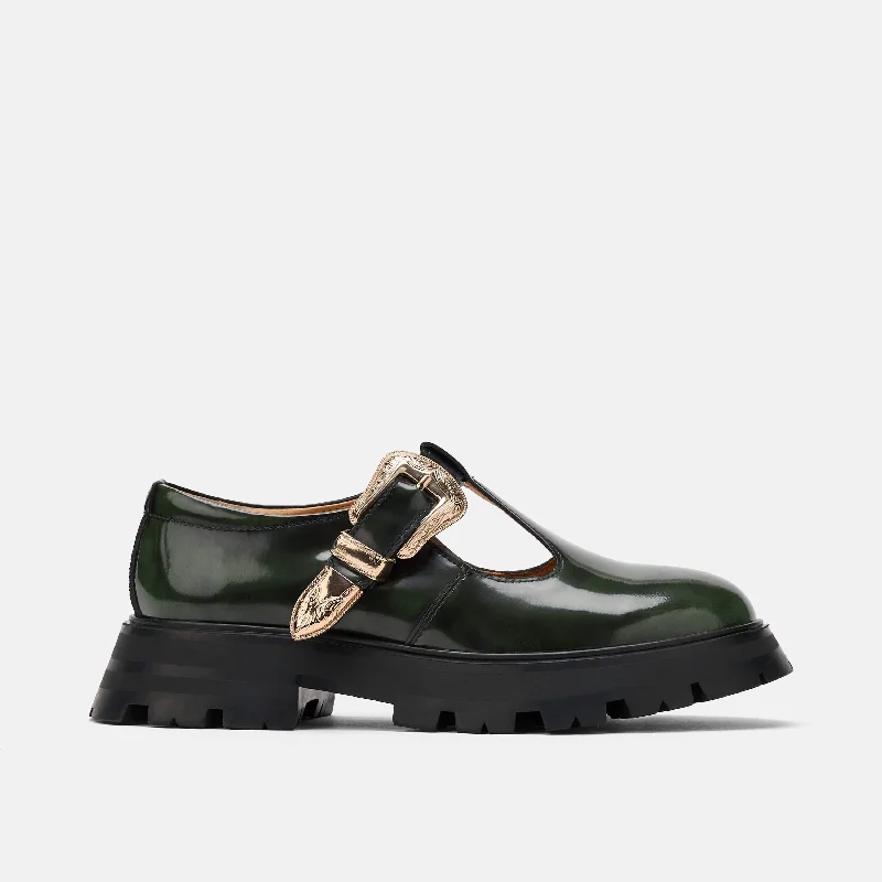 Women's satin peep - toe fashion & dress shoes in a nude color for a bridal look Charli Dark Green Patent Leather Lug Mary Janes Women's satin peep - toe fashion & dress shoes in a nude color for a bridal look Charli Dark Green Patent Leather Lug Mary Janes