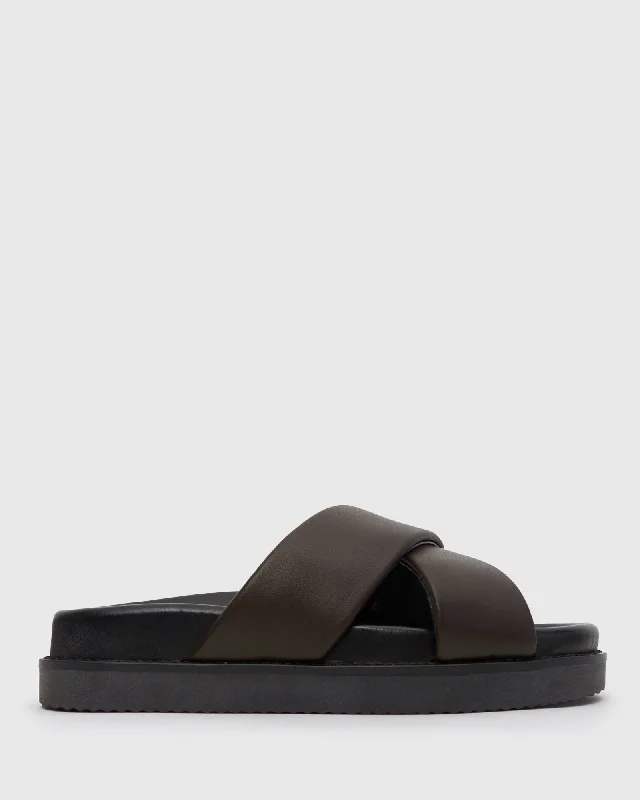 Shock - Absorbing Women's Sandals with a Soft Insole in Black for Active LifestylesPRE-ORDER BERMUDA Leather Crossover Slide Sandals