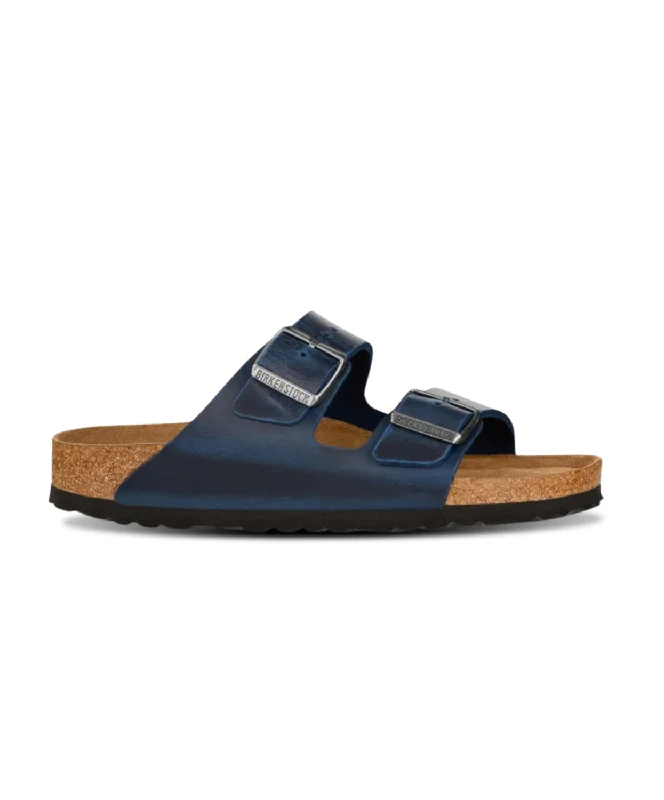 Women's Leather - Strapped Sandals with a Braided Detail in Brown for a Rustic AppealBirkenstock Arizona Oiled Leather Blue Soft Footbed Sandals