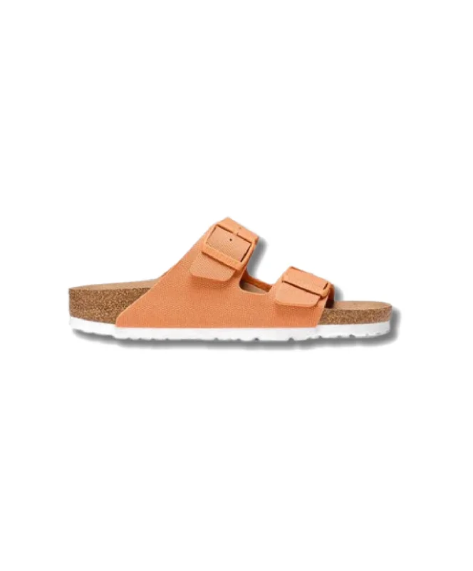 Women's Flat Slide Sandals with a Memory Foam Insole in White for All - Day ComfortBirkenstock Arizona Textile Canvas Papaya Vegan Sandals