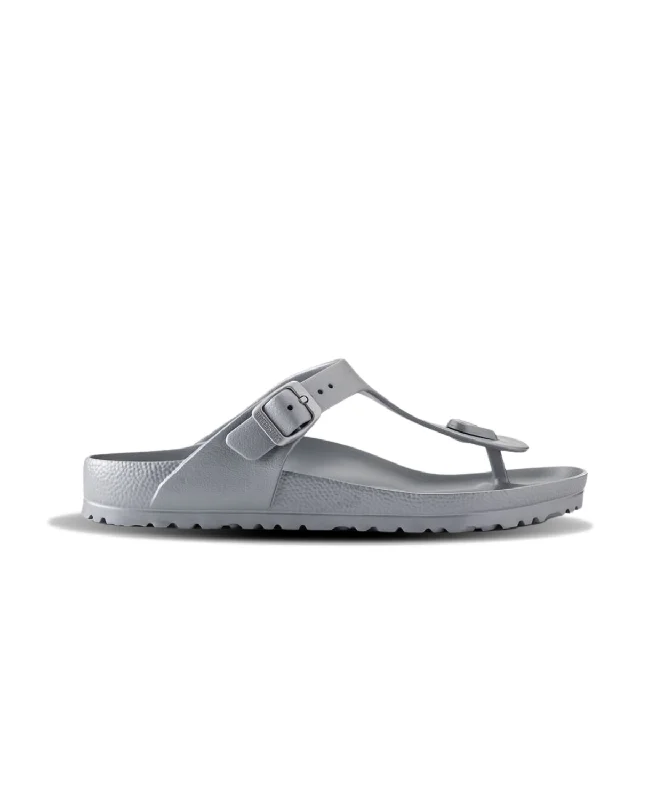 Women's Flat Slide Sandals with a Memory Foam Insole in White for All - Day ComfortBirkenstock Gizeh EVA Metallic Silver Sandals
