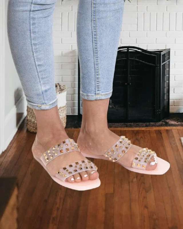 Waterproof Women's Rubber Beach Sandals with Arch Support in Blue for Water ActivitiesPink Studded Decor Slide Sandals