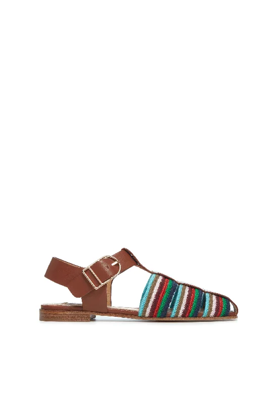 Waterproof Women's Rubber Beach Sandals with Arch Support in Blue for Water ActivitiesCalla Sandal in Cognac Multi Nappa Leather Crochet