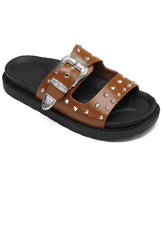 Women's Sandals with a Glitter - Coated Strap in Gold for a Sparkly Summer OutfitCAMEL WESTERN BUCKLE STUDDED SLIDERS FLAT SANDALS