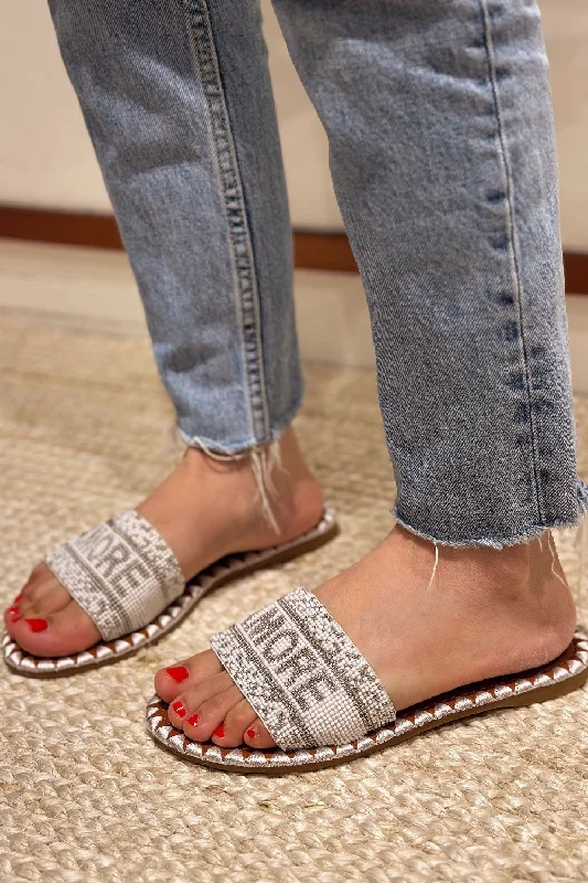 Women's Sandals with a Wedge Heel and a Tassel Detail in Orange for a Trendy LookWHITE BEADED FLAT SLOGAN SLIDER SLIDES SANDALS