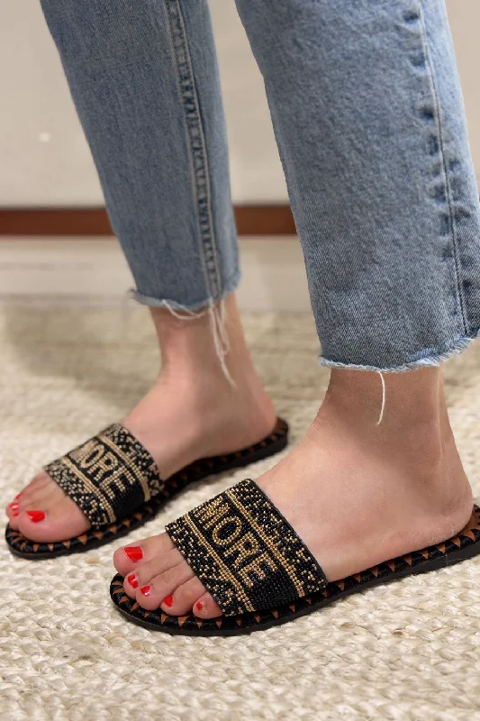 Women's Cork - Soled Espadrille Sandals with a Rope - Trimmed Upper in Navy for a Summer VibeBLACK BEADED FLAT SLOGAN SLIDER SLIDES SANDALS