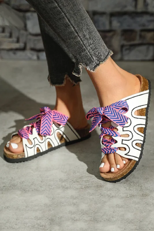Women's Sandals with a Glitter - Coated Strap in Gold for a Sparkly Summer OutfitWHITE TIE UP LACES CUT OUT DETAIL FLATBED SLIDERS SANDALS