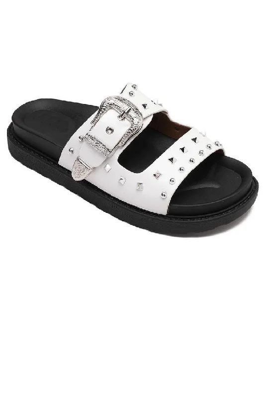 Women's Flat Slide Sandals with a Memory Foam Insole in White for All - Day ComfortWHITE WESTERN BUCKLE STUDDED SLIDERS FLAT SANDALS